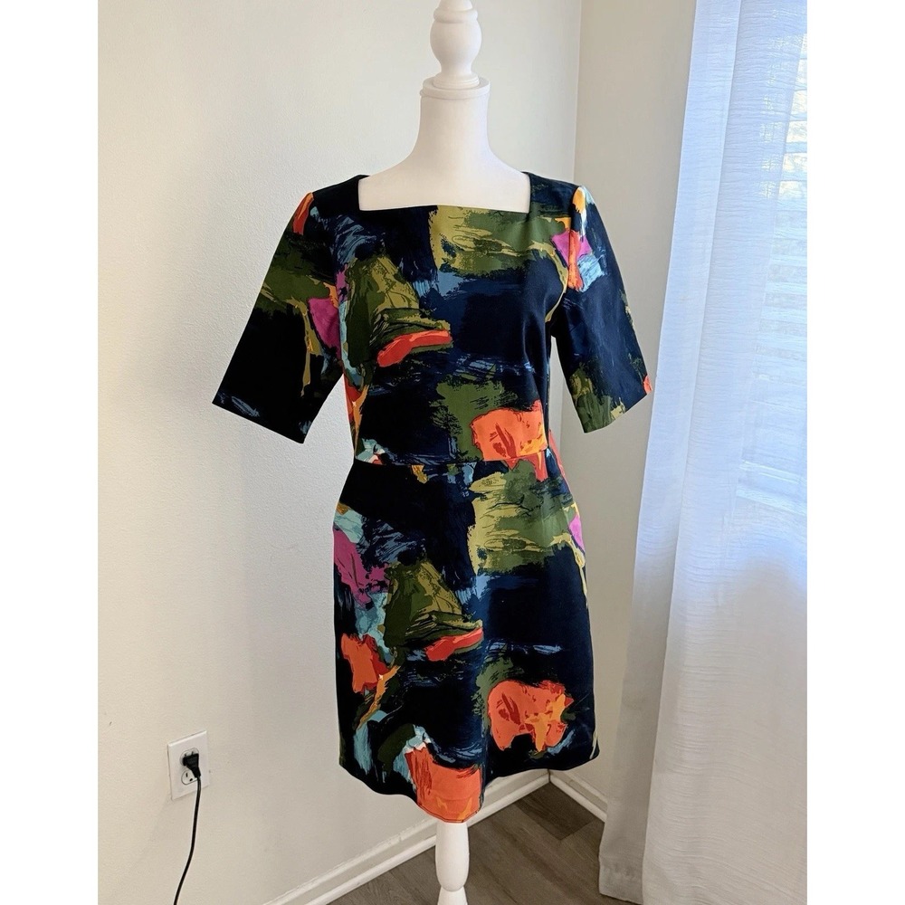 Kate Spade Saturday Dress Size 8 Abstract Print Square Neck Shift Cotton Pockets